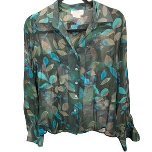 TESS 100% Silk Long Sleeve Blue Black Leaves‎ Women's Button Up Shirt Size 4